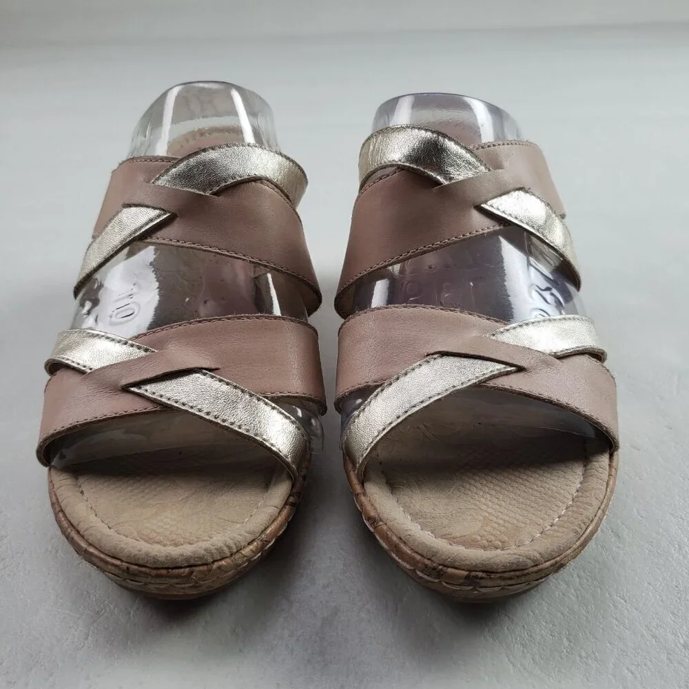 Born BOC Cork Wedge Sandal Womens 9 Brown Leather Open Toe Strappy Slip On